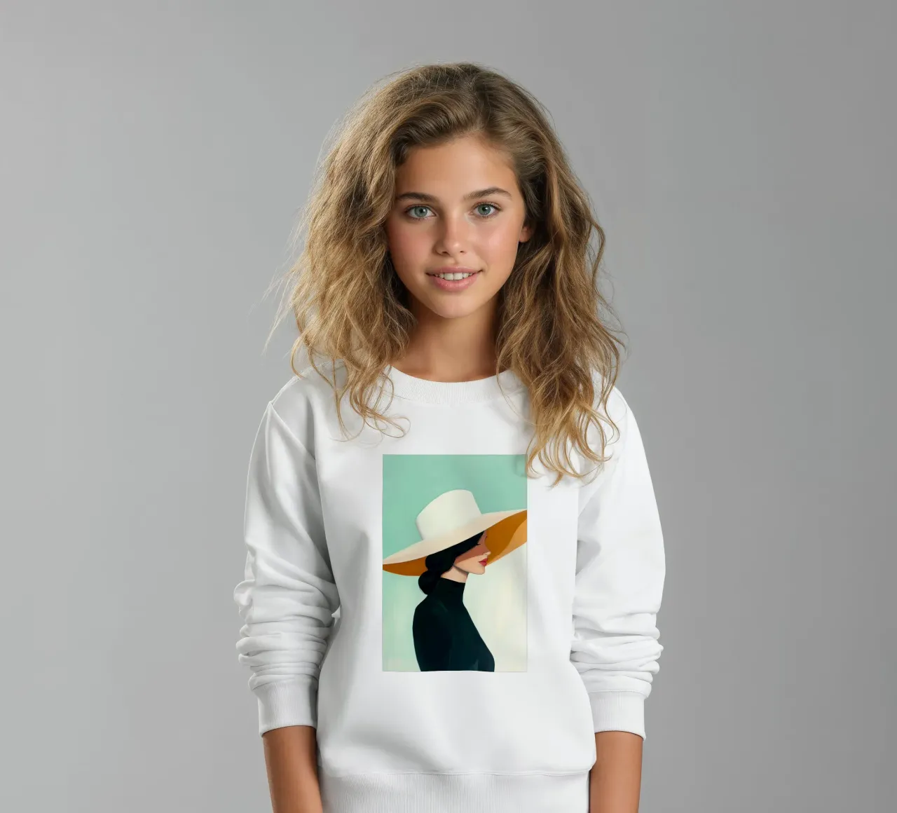 Signora con cappello bianco felpa bambino da Melloi Art Print