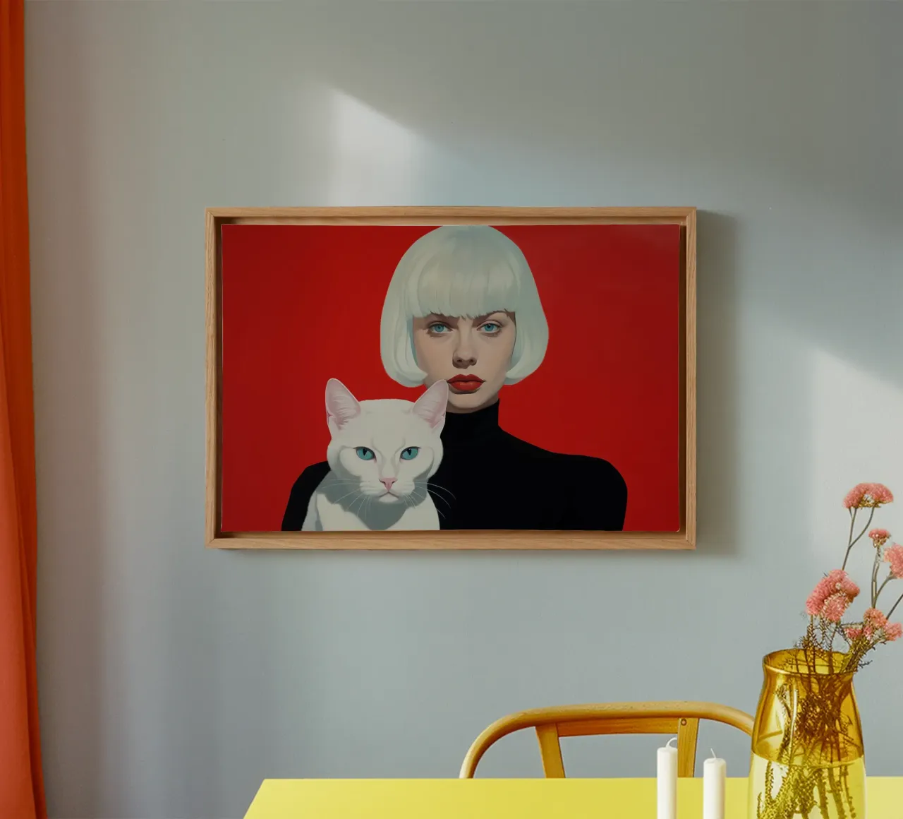 White cats on a red background canvas with Floater frame by Autofocus