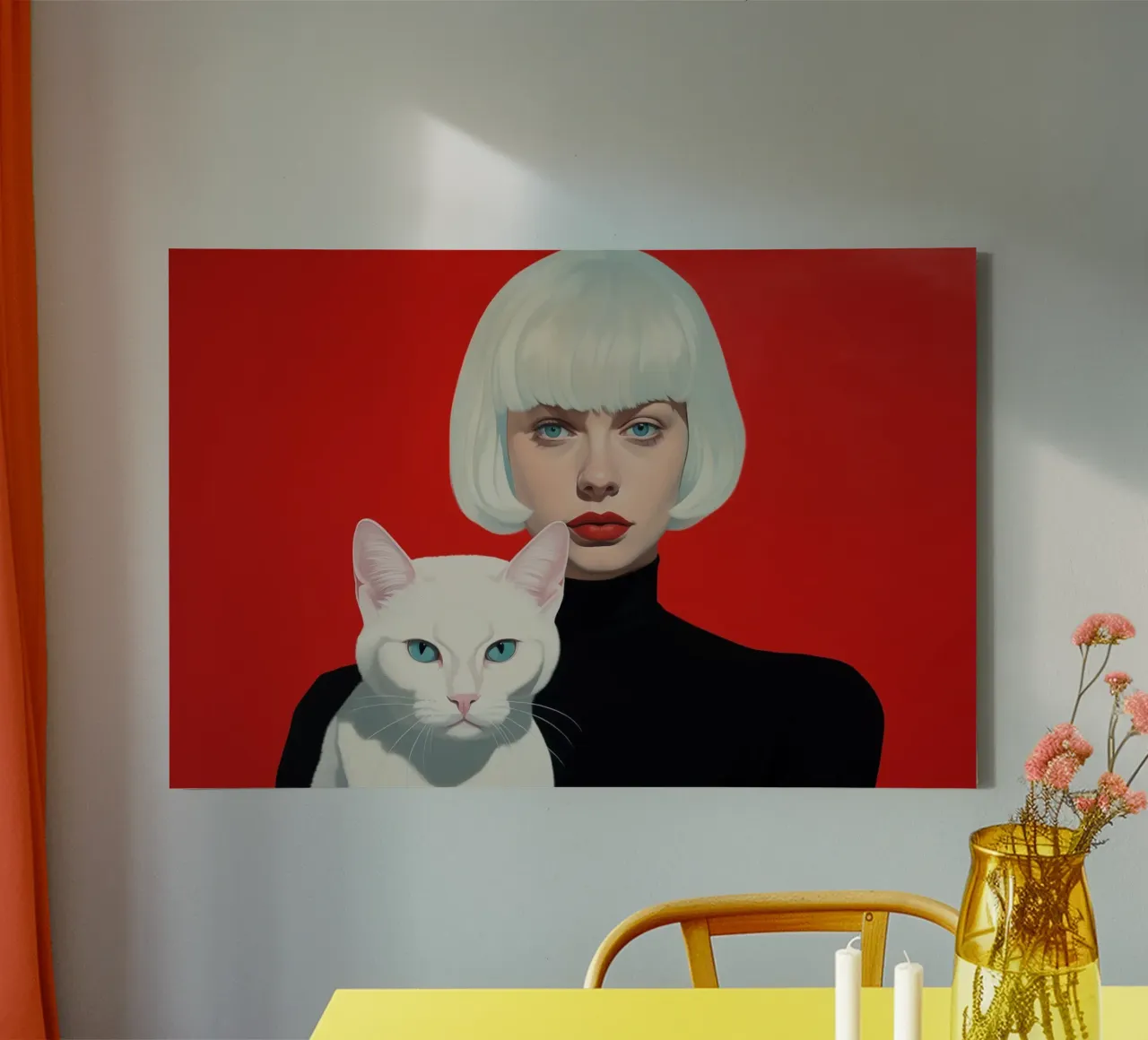 White cats on a red background canvas with Floater frame by Autofocus
