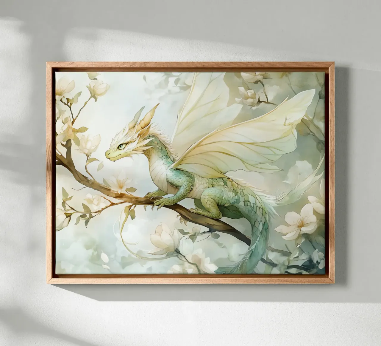 Smaragddrache: Hüter der Natur Leinwand mit Schattenfugenrahmen von Théïa's Fantasia World