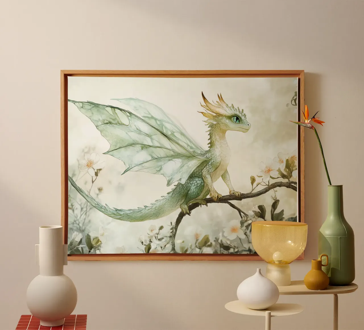 Smaragddrache: Hüter der Natur Leinwand mit Schattenfugenrahmen von Théïa's Fantasia World