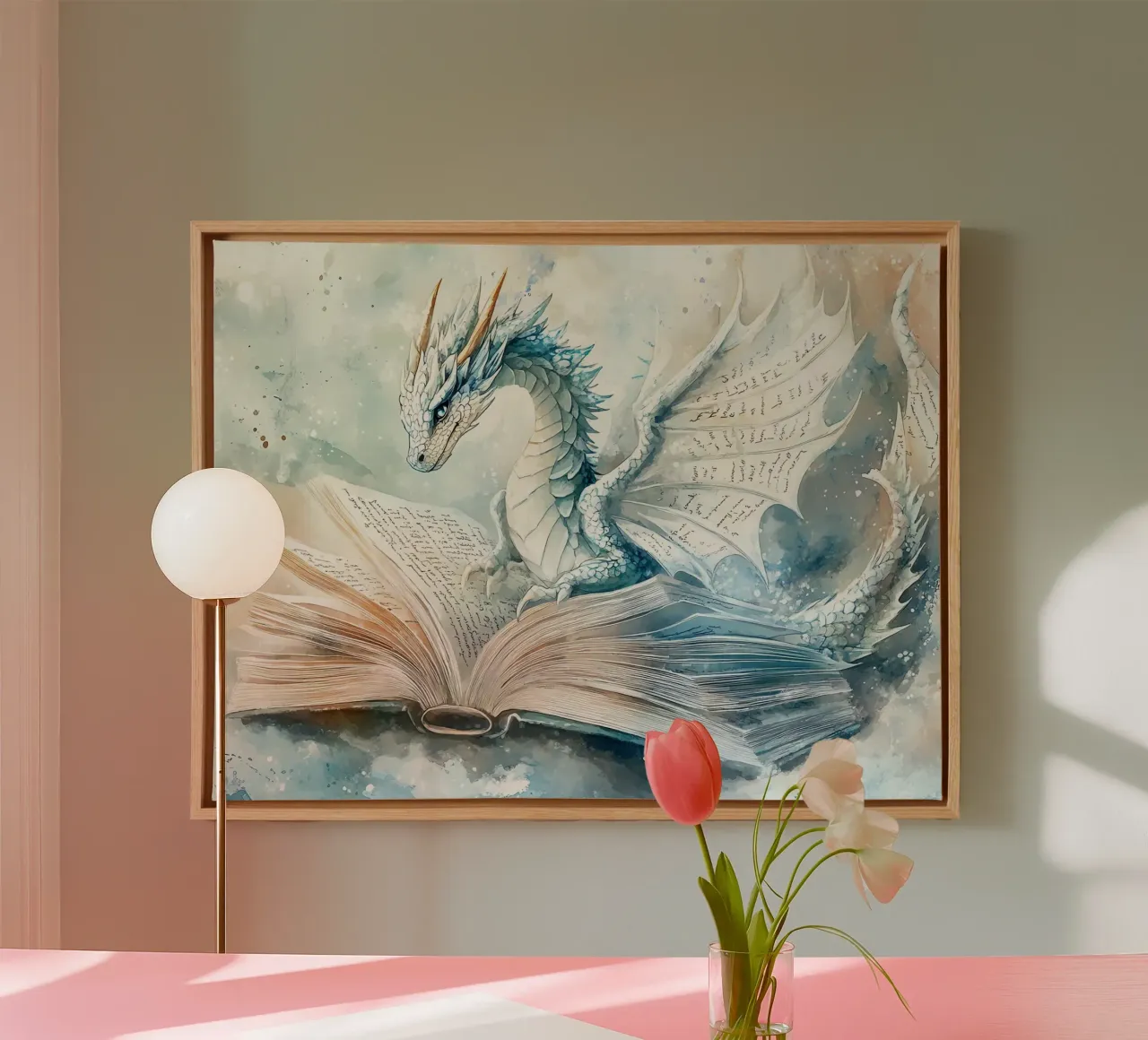 The Guardian of Books: Dragon of Wisdom canvas with Floater frame by Théïa's Fantasia World