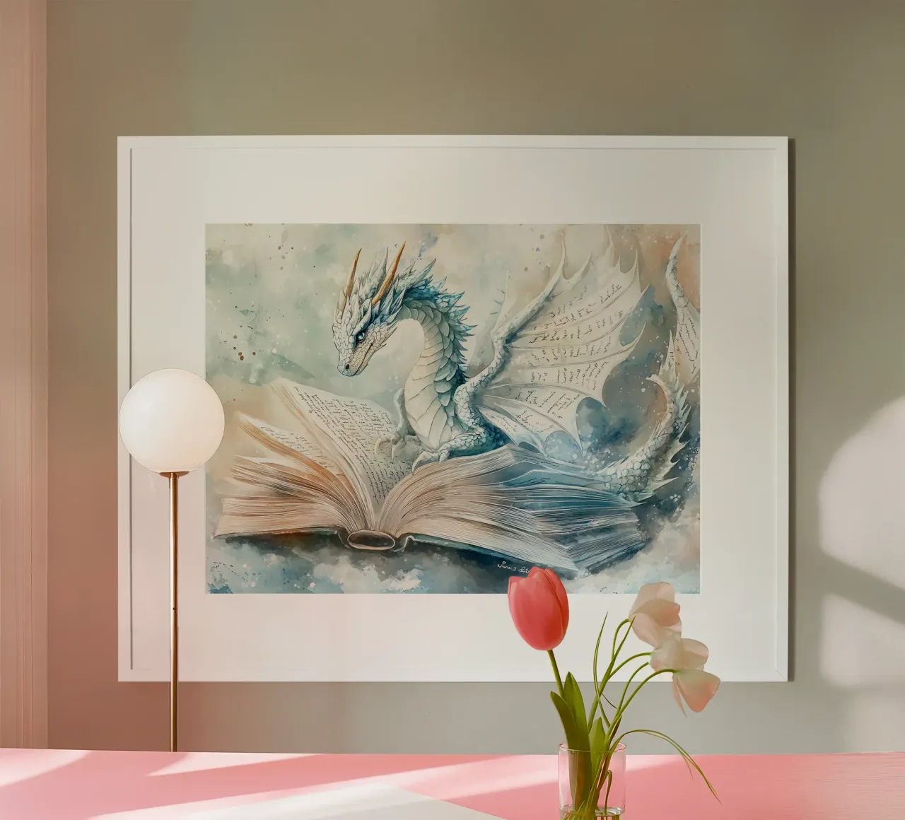 Il Guardiano dei Libri: Drago della Saggezza poster con telaio in alluminio da Théïa's Fantasia World