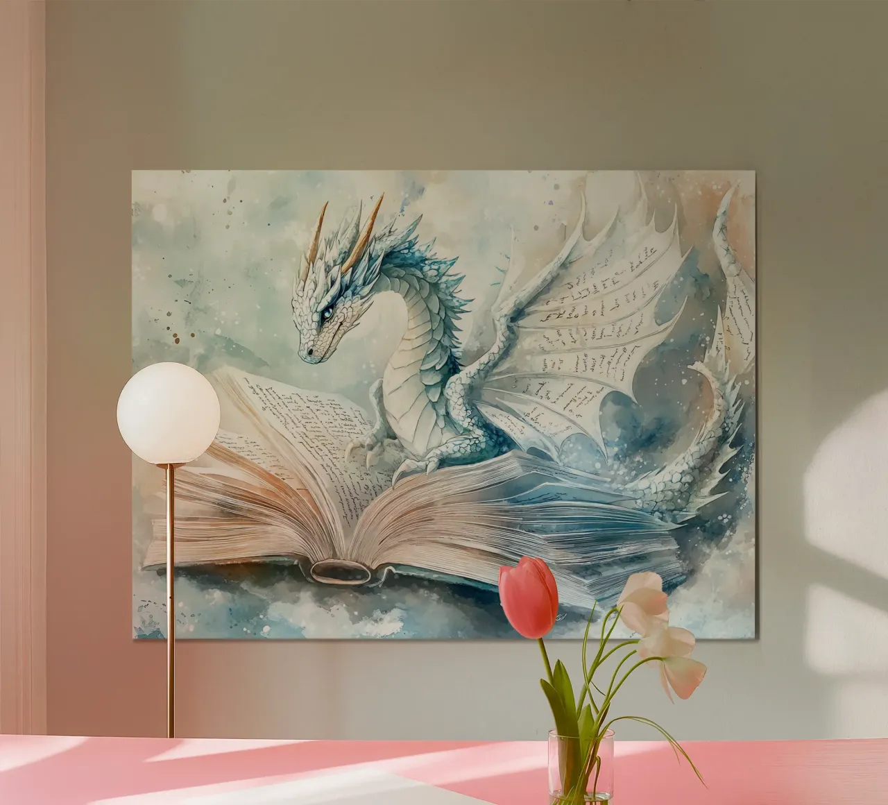 Il Guardiano dei Libri: Drago della Saggezza poster con telaio in alluminio da Théïa's Fantasia World