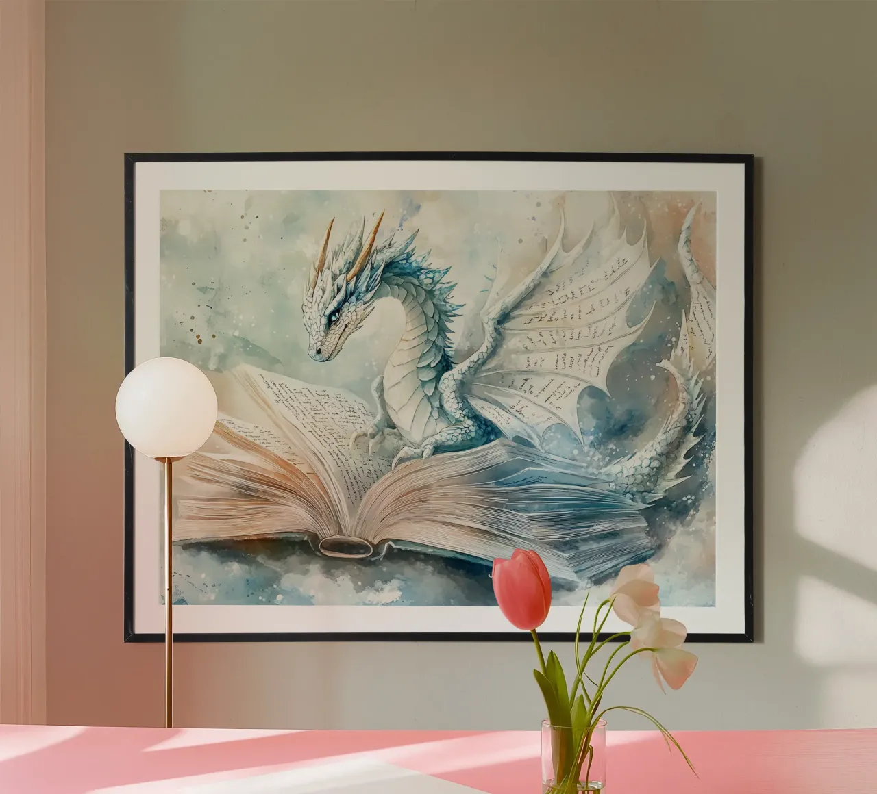 Il Guardiano dei Libri: Drago della Saggezza poster con telaio in alluminio da Théïa's Fantasia World