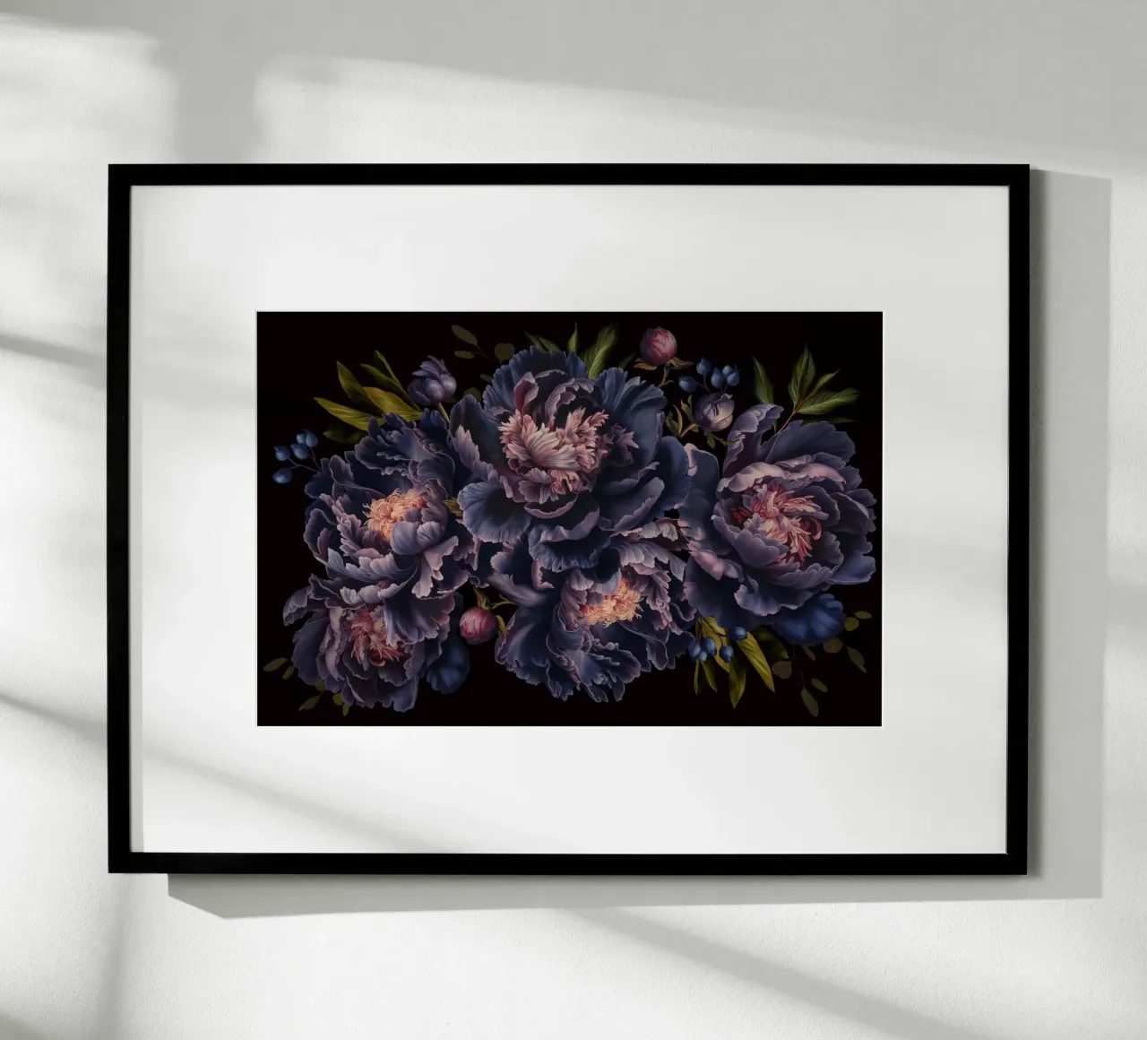 Giardino di peonie gotiche dipinte a mano in viola e borgogna poster con telaio in legno da Flower Garden - Uta Naumann