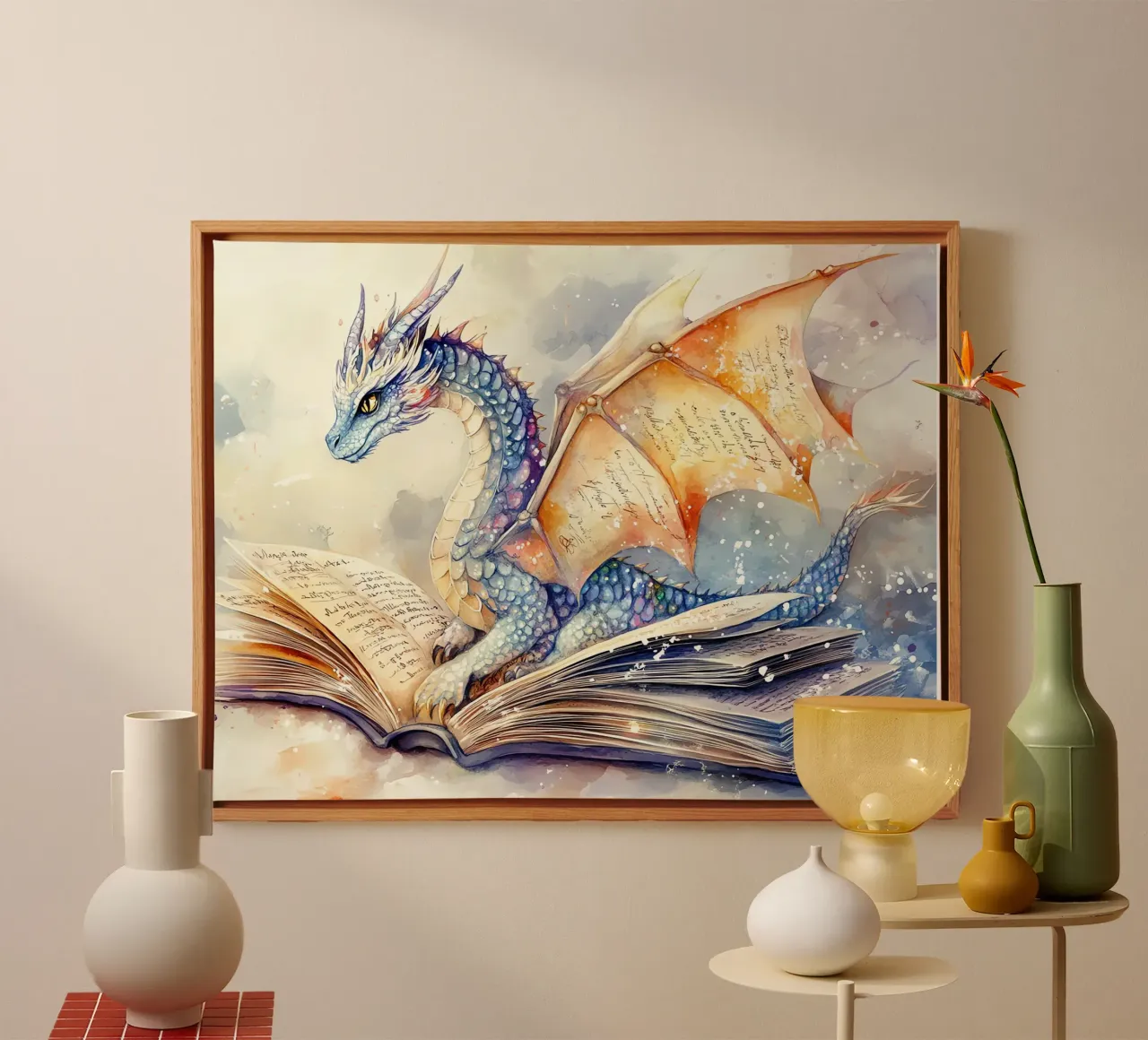 The Guardian of Books: Dragon of Wisdom canvas with Floater frame by Théïa's Fantasia World