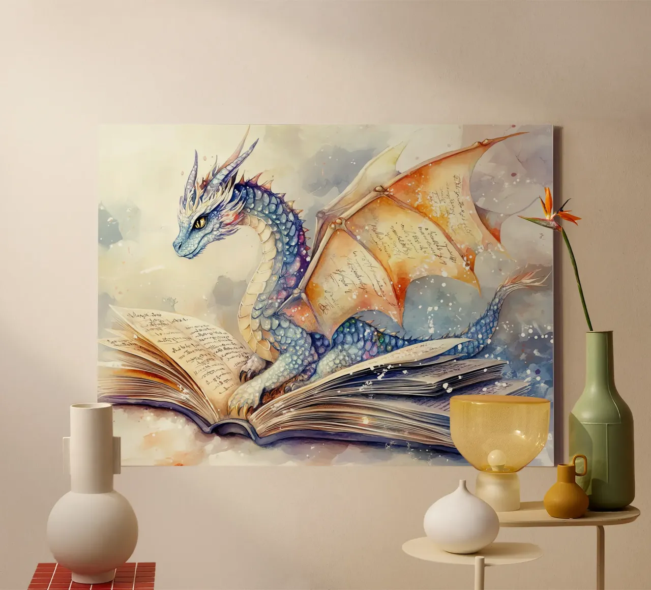 The Guardian of Books: Dragon of Wisdom canvas with Floater frame by Théïa's Fantasia World