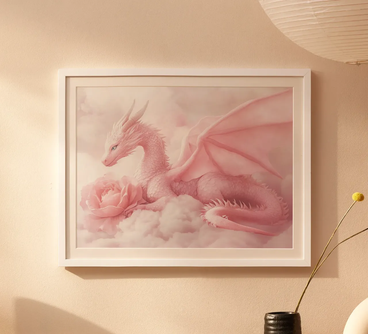 Il drago rosa e la rosa sacra poster con telaio in legno da Théïa's Fantasia World