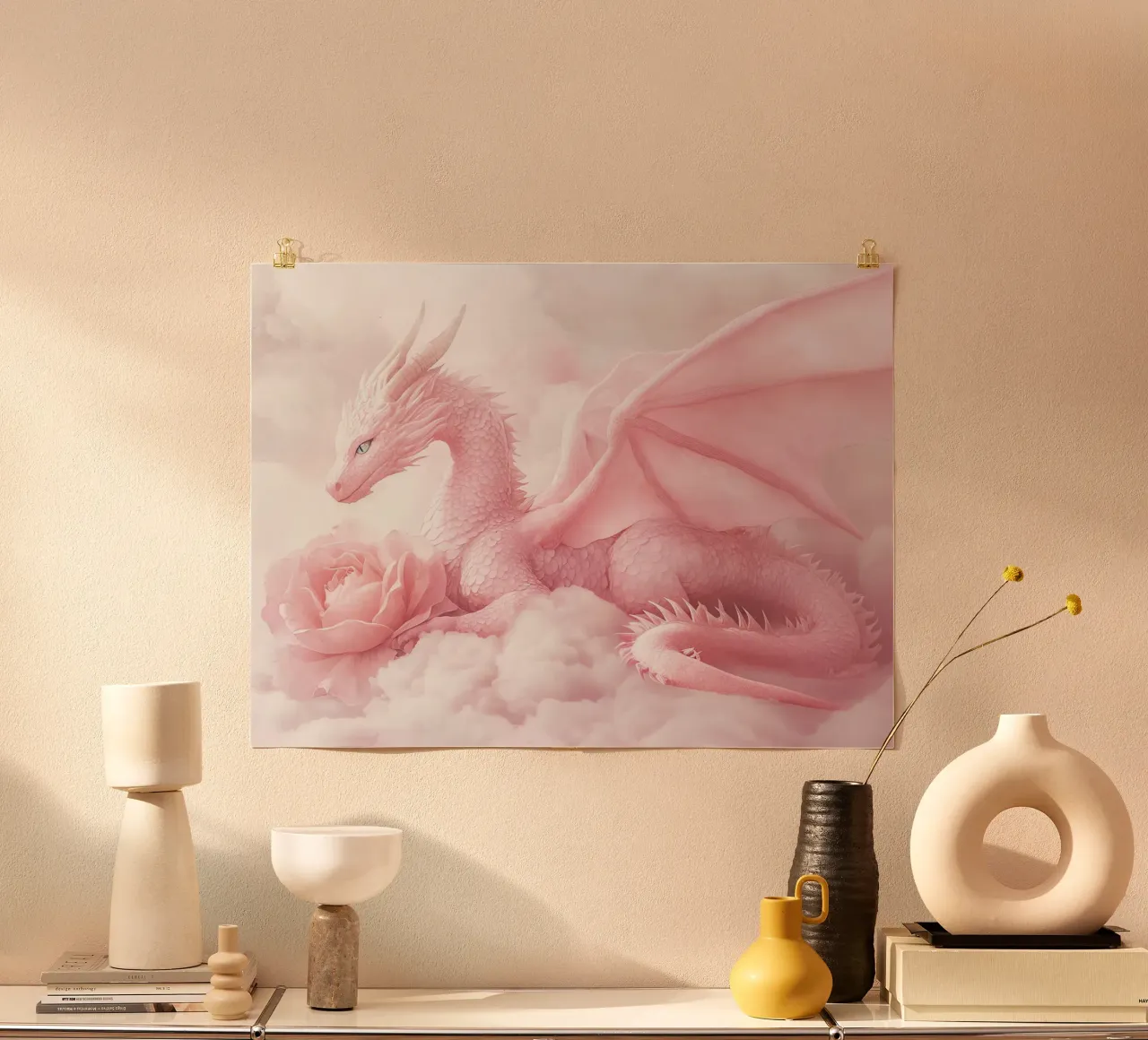 Il drago rosa e la rosa sacra poster con telaio in legno da Théïa's Fantasia World