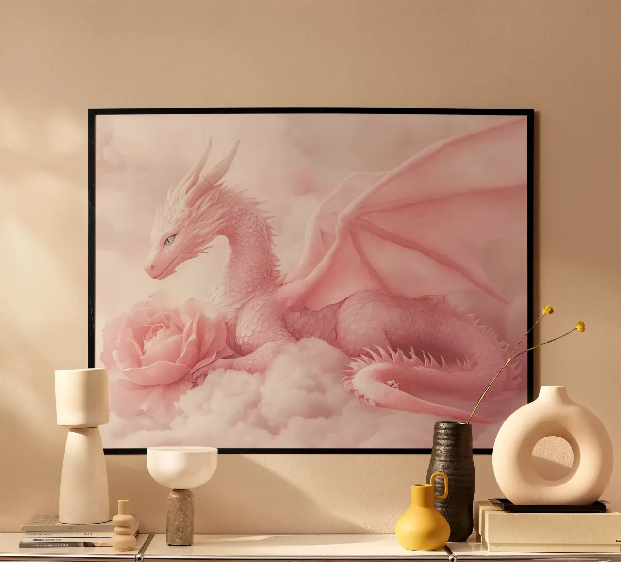 Il drago rosa e la rosa sacra poster con telaio in legno da Théïa's Fantasia World