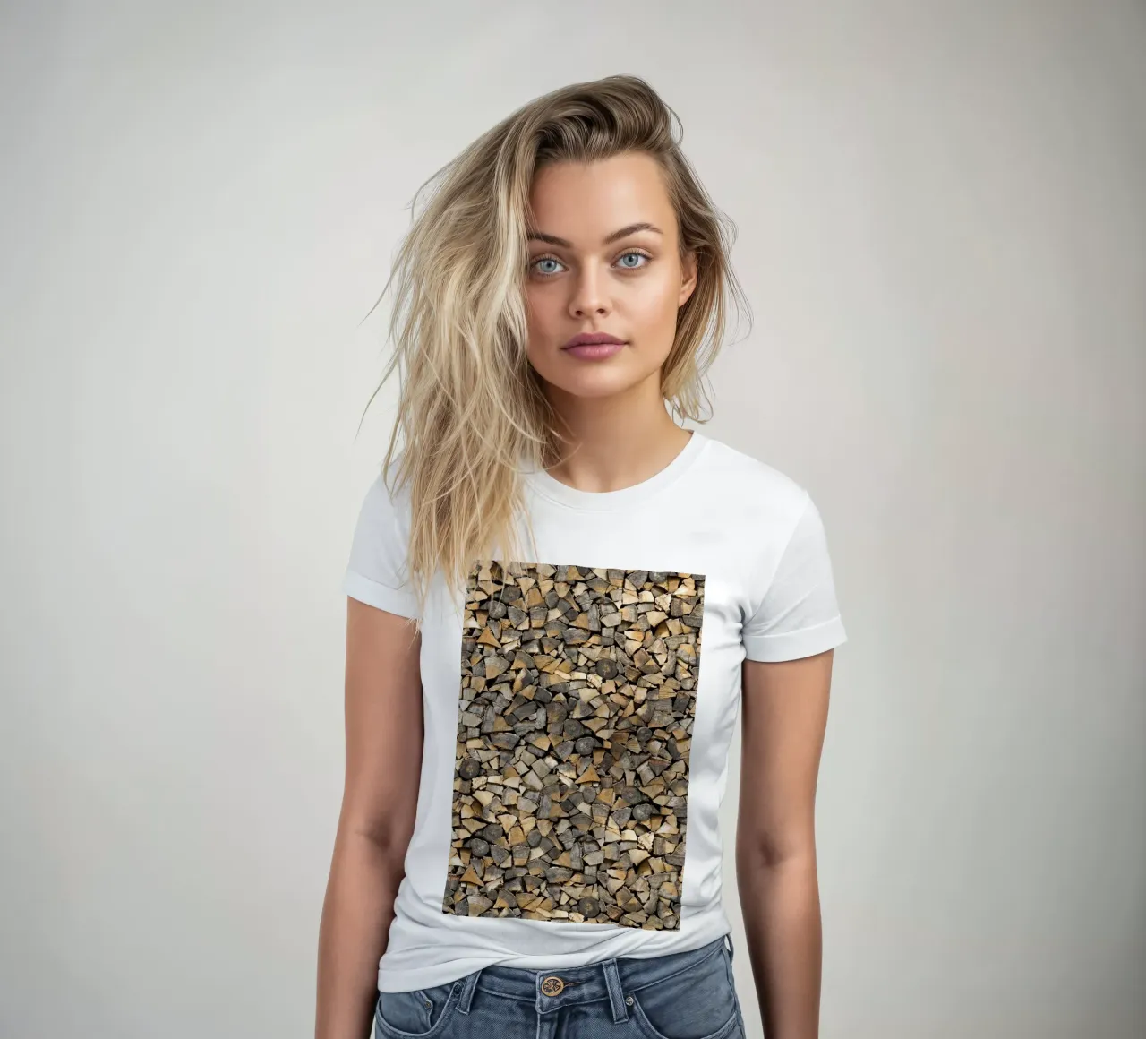 Rustic Warmth: Stacked Firewood t-shirt da donna da Curious Collections by Marielle Leenders