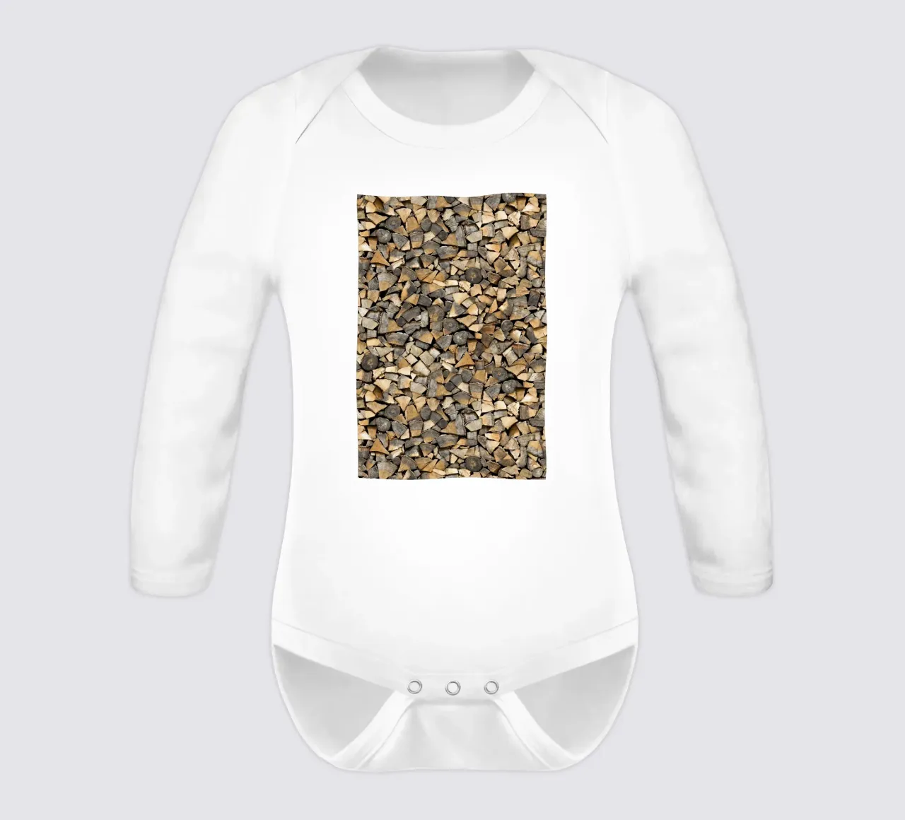 Rustic Warmth: Stacked Firewood body neonato maniche lunghe da Curious Collections by Marielle Leenders
