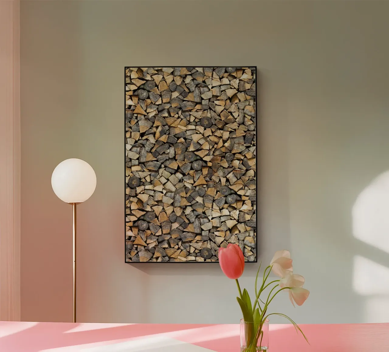 Rustic Warmth: Stacked Firewood plexiglass da Curious Collections by Marielle Leenders