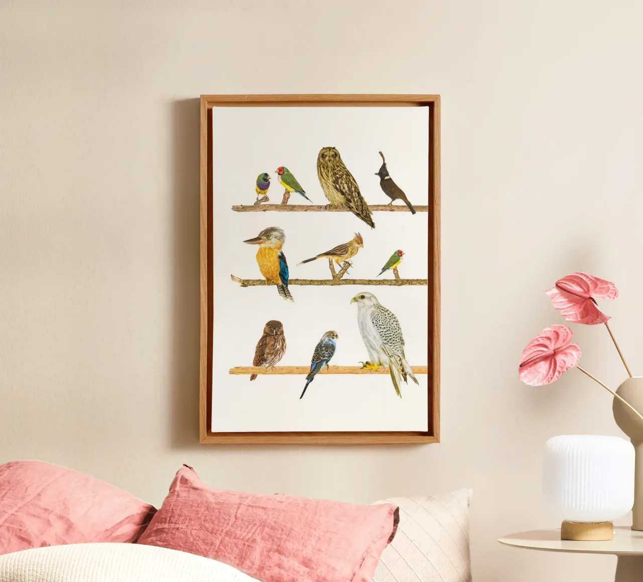 La belleza de las ramas: Pájaros en las ramas lienzo con Marco flotante de Curious Collections by Marielle Leenders