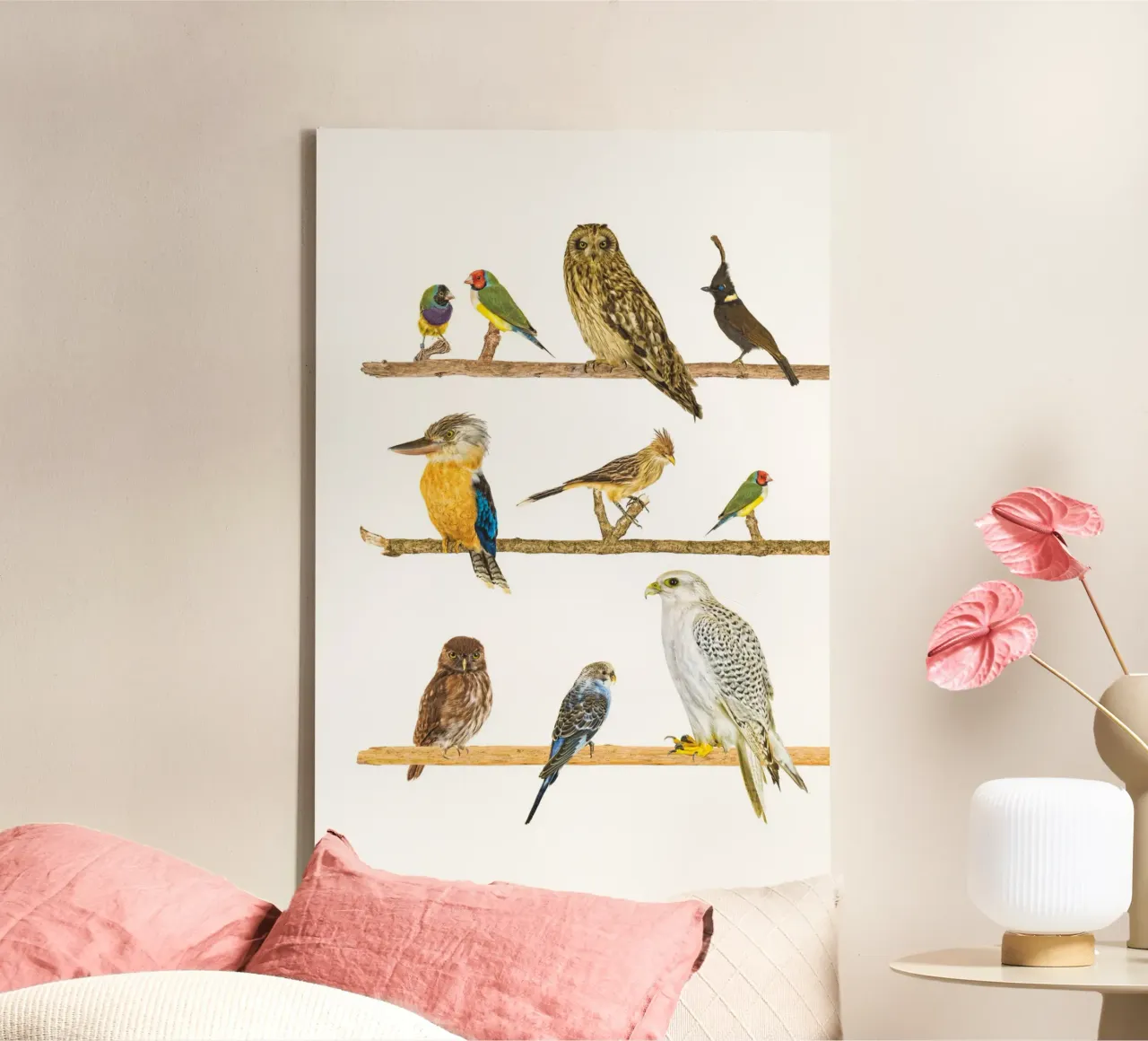 La belleza de las ramas: Pájaros en las ramas lienzo con Marco flotante de Curious Collections by Marielle Leenders