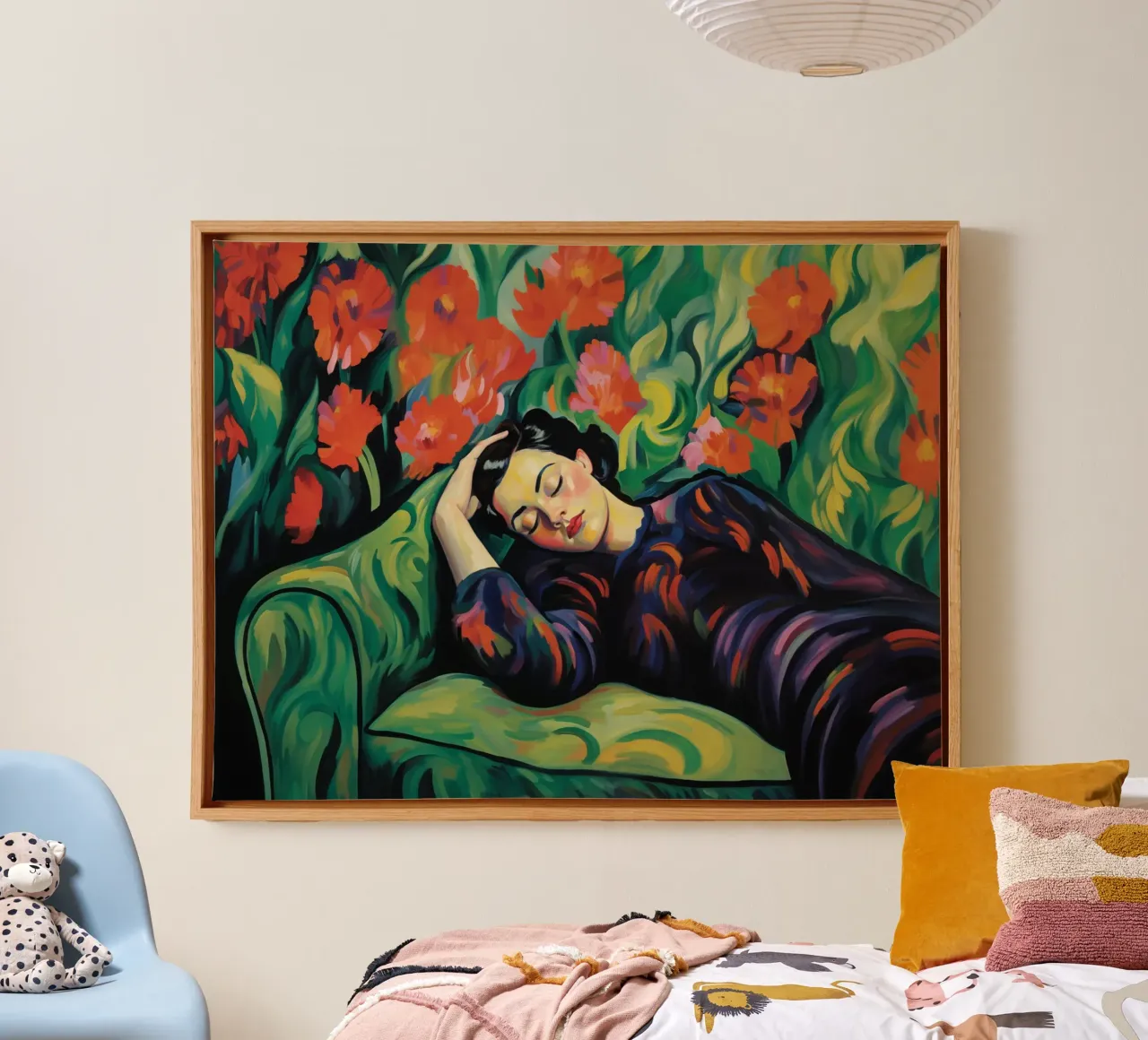 Mujer joven en el jardín de invierno | Fauvist Reverie lienzo con Marco flotante de Autofocus