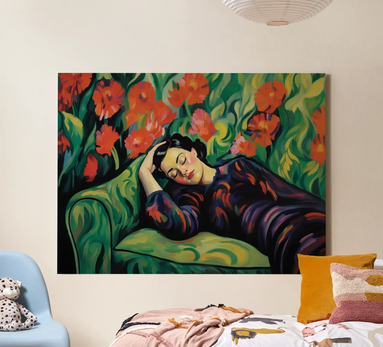 Mujer joven en el jardín de invierno | Fauvist Reverie lienzo con Marco flotante de Autofocus