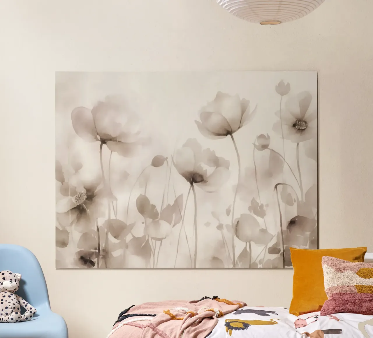 Prato etereo Fiori acquerellati Beige neutro poster con telaio in alluminio da Andrea Haase Floral Passion