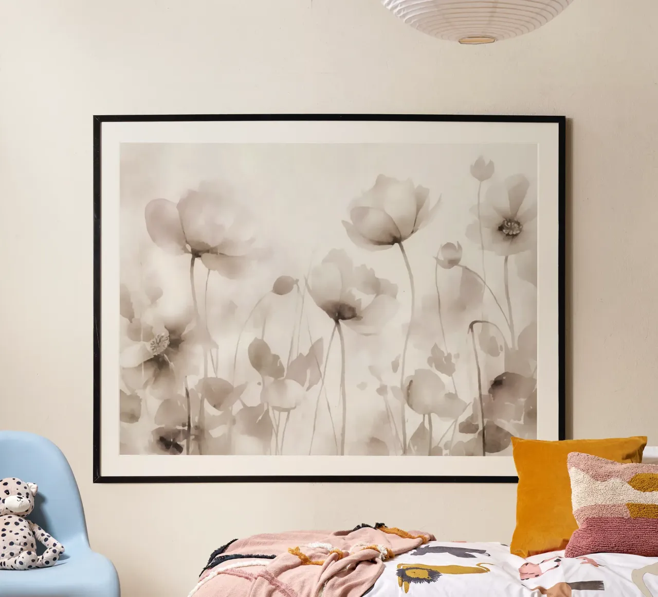 Prato etereo Fiori acquerellati Beige neutro poster con telaio in alluminio da Andrea Haase Floral Passion
