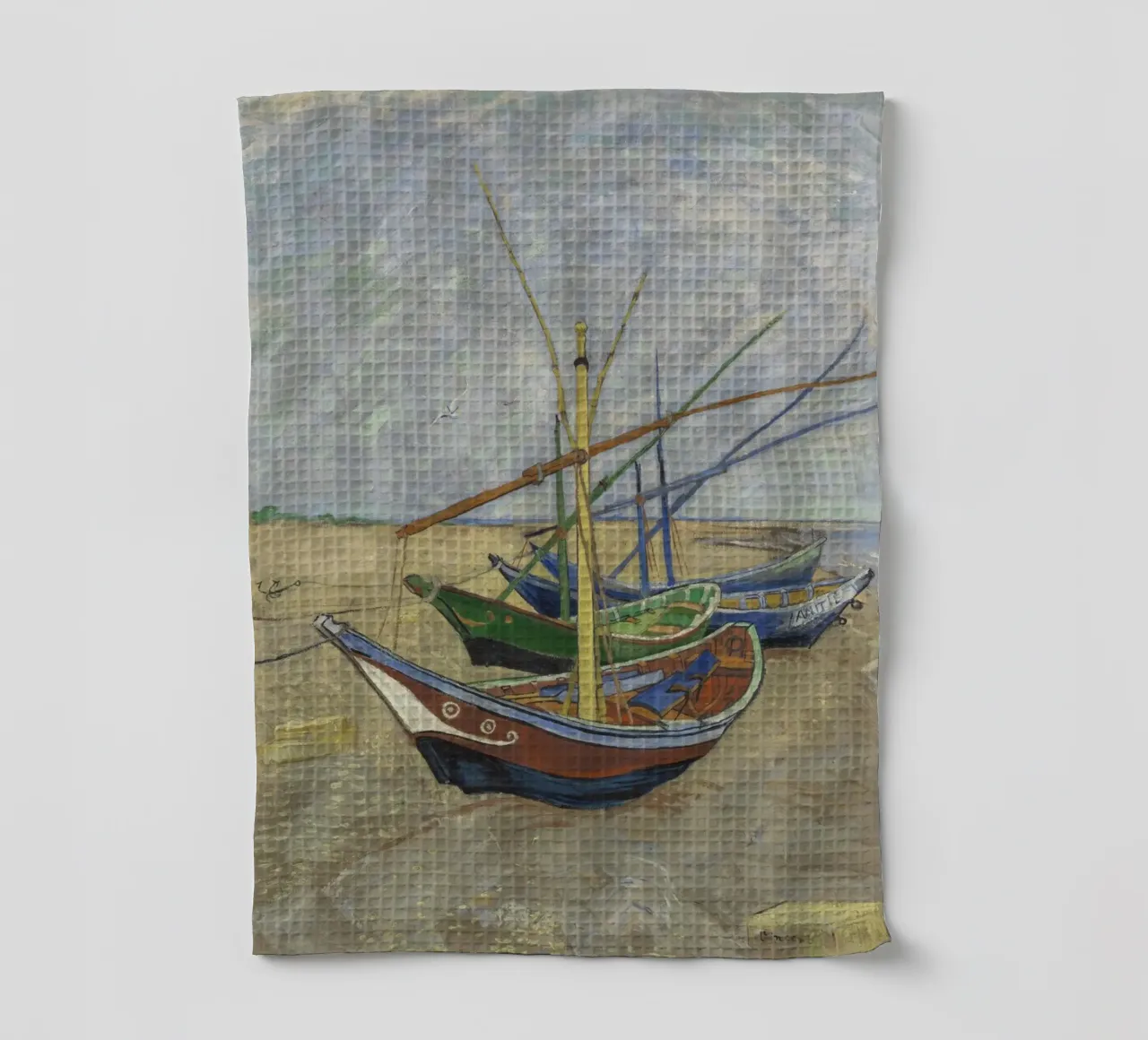 Van Gogh - Boote in Les Saintes tea towel by Carinaprint