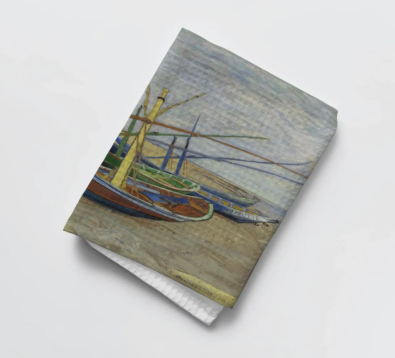 Van Gogh - Boote in Les Saintes tea towel by Carinaprint