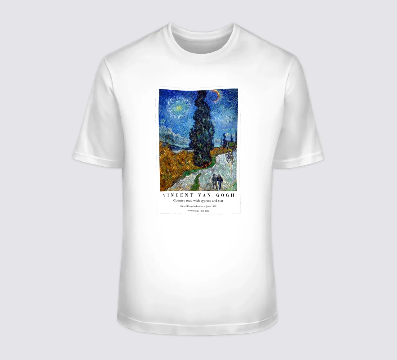 Street with cypress and stars t-shirt by Carinaprint