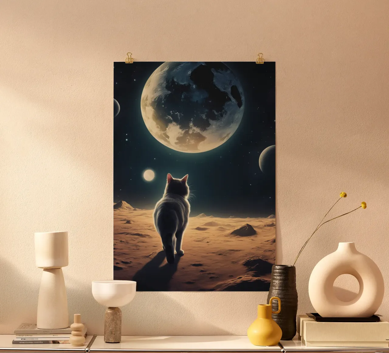 Katze auf dem Mond poster con telaio in alluminio da Poster Dreams