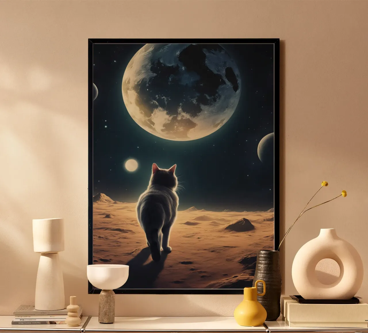 Katze auf dem Mond poster con telaio in alluminio da Poster Dreams