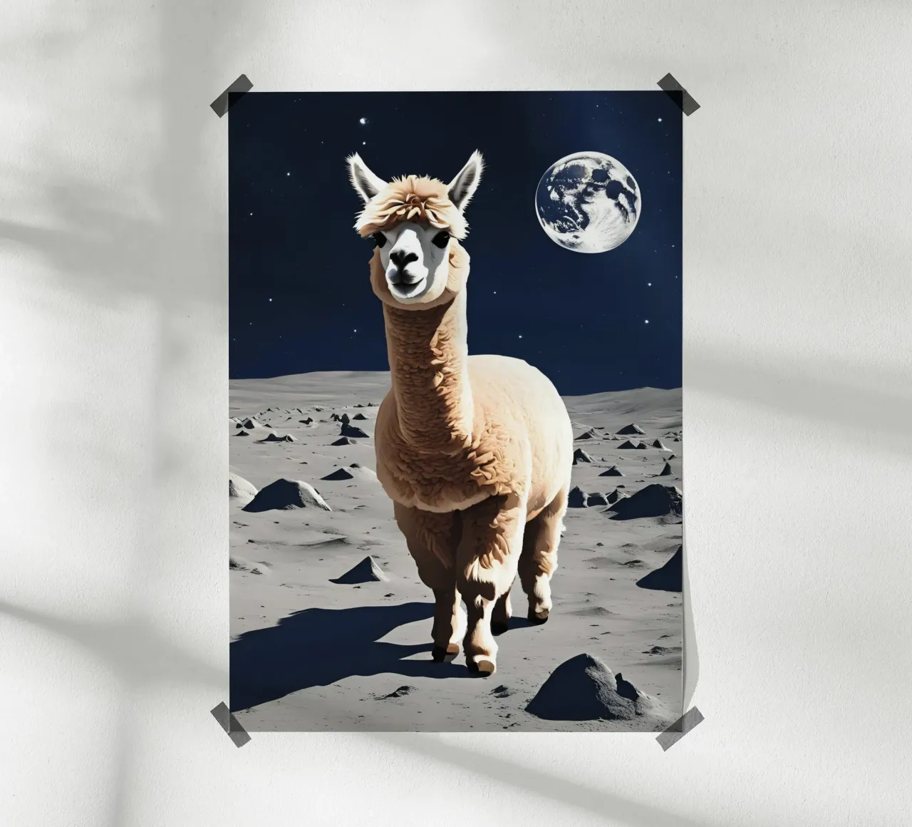 Alpaka auf dem Mond poster con telaio in legno da Poster Dreams