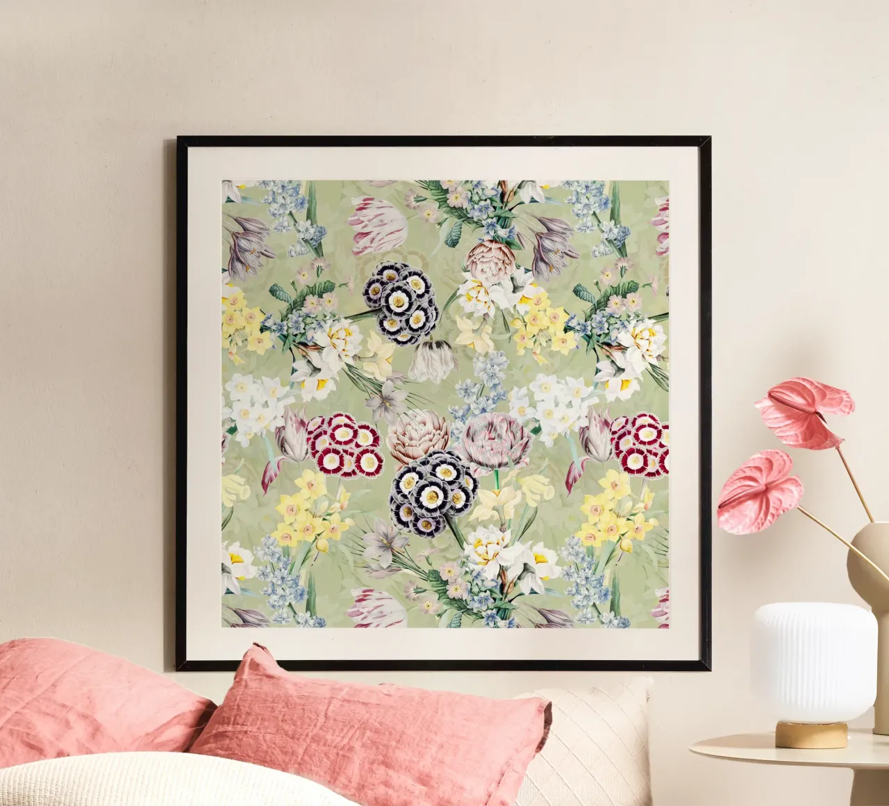 Pastello storico Fiori di primavera Giardino botanico d'epoca poster con telaio in legno da Flower Garden - Uta Naumann