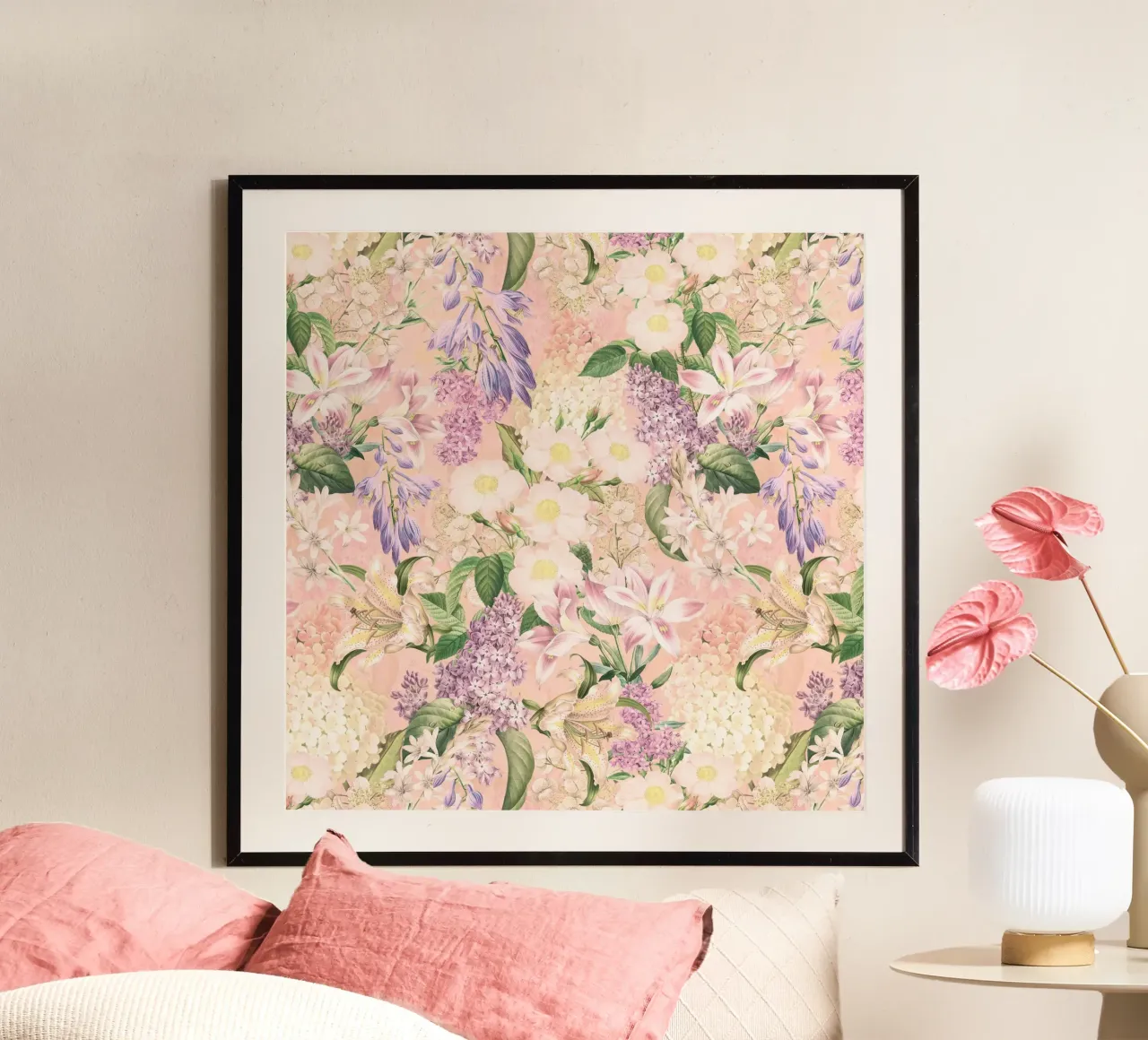 Incantevole giardino barocco di rose e fiori di primavera Blush poster con telaio in plastica da Flower Garden - Uta Naumann