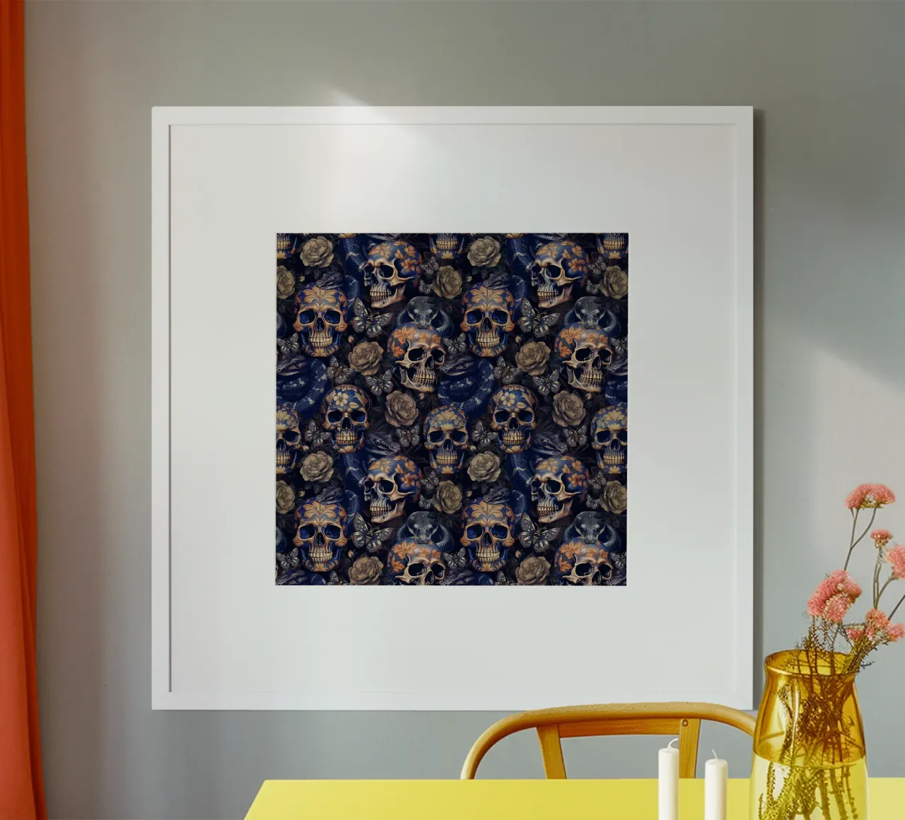 Fiori scuri vintage e lunatici Teschi e serpenti poster con telaio in plastica da Flower Garden - Uta Naumann