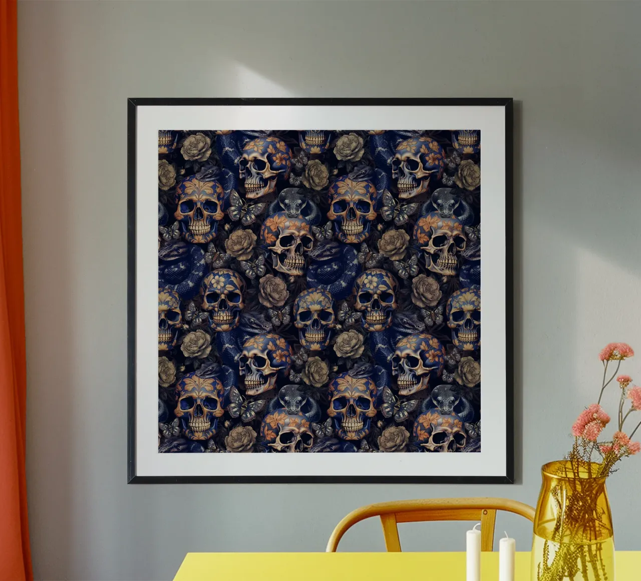 Fiori scuri vintage e lunatici Teschi e serpenti poster con telaio in plastica da Flower Garden - Uta Naumann
