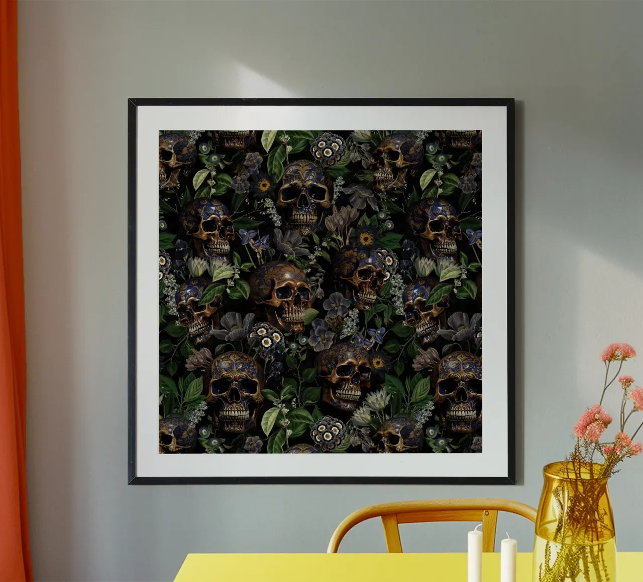 Vintage Dark Night Crânes et fleurs Midnight Garden poster avec cadre en plastique de Flower Garden - Uta Naumann