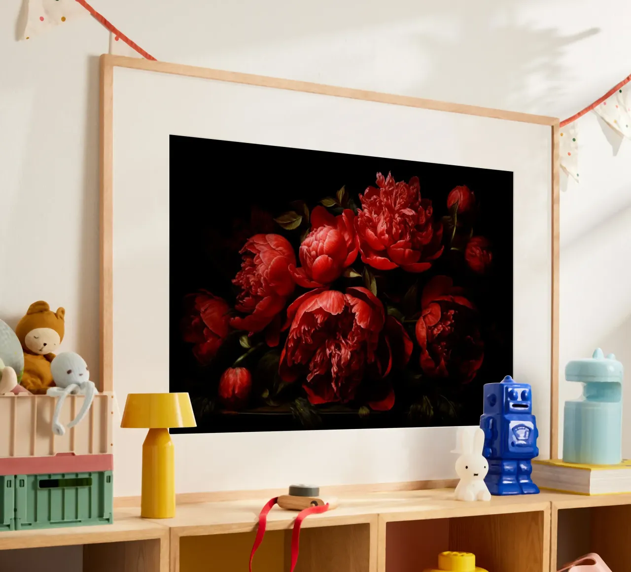 Composizione floreale di mezzanotte con peonie vintage rosso sangue scuro poster con telaio in plastica da Flower Garden - Uta Naumann
