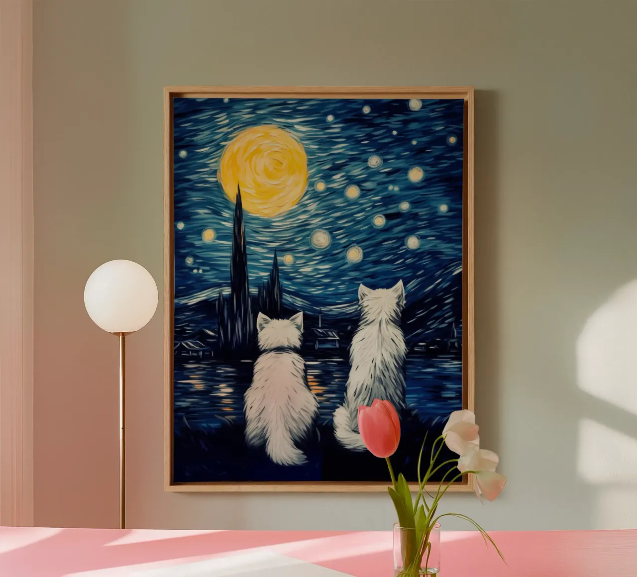 Notte stellata | Due gatti in una notte stellata tela con Cornice a cassetta da Autofocus