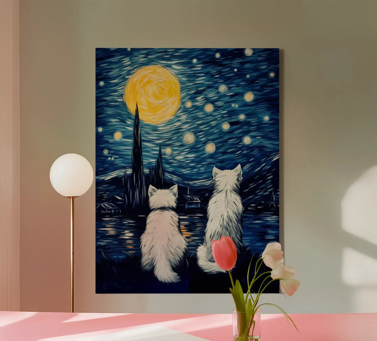 Notte stellata | Due gatti in una notte stellata tela con Cornice a cassetta da Autofocus