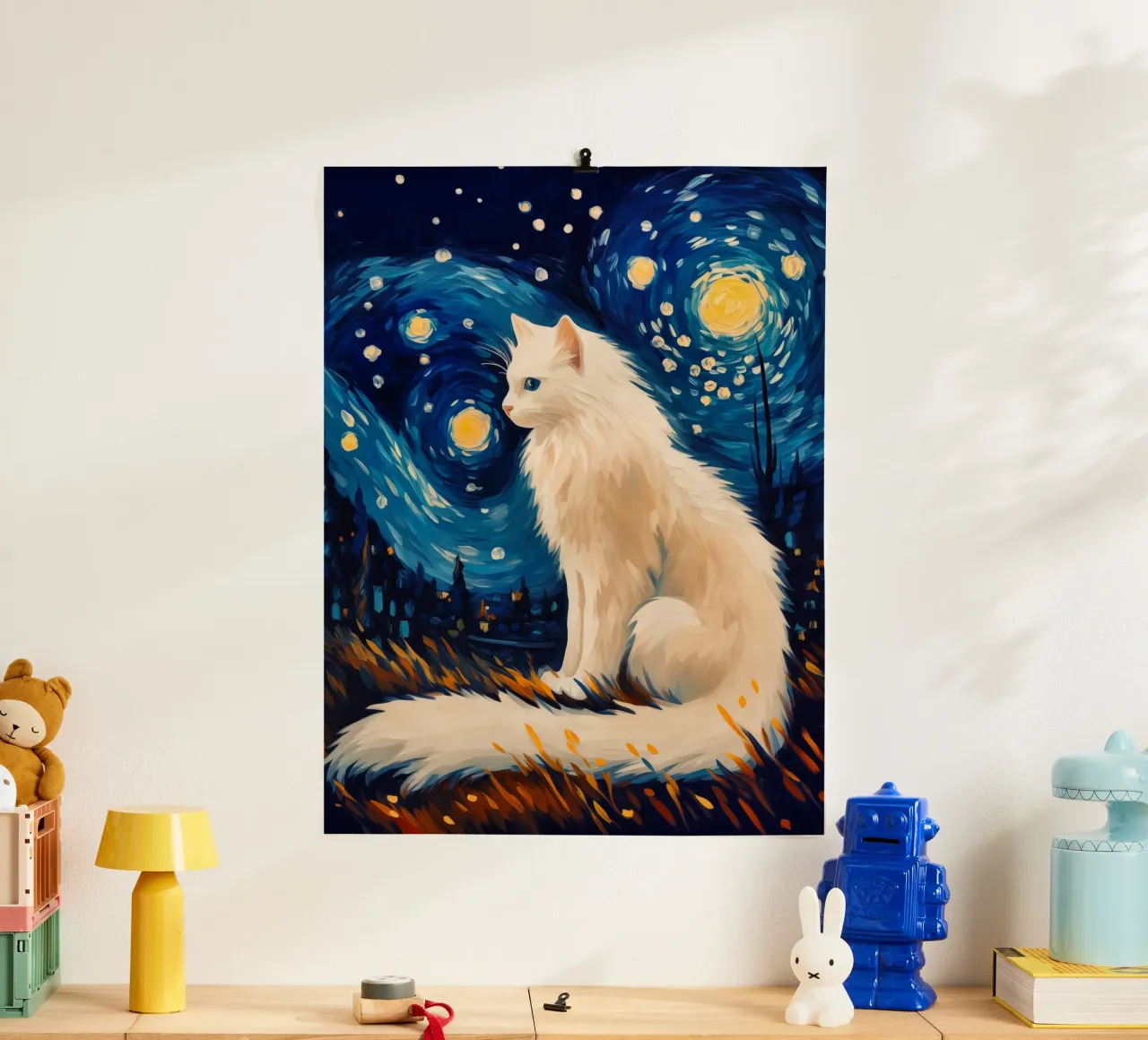 Notte stellata | Gatto bianco nella notte stellata carta hahnemühle da Autofocus
