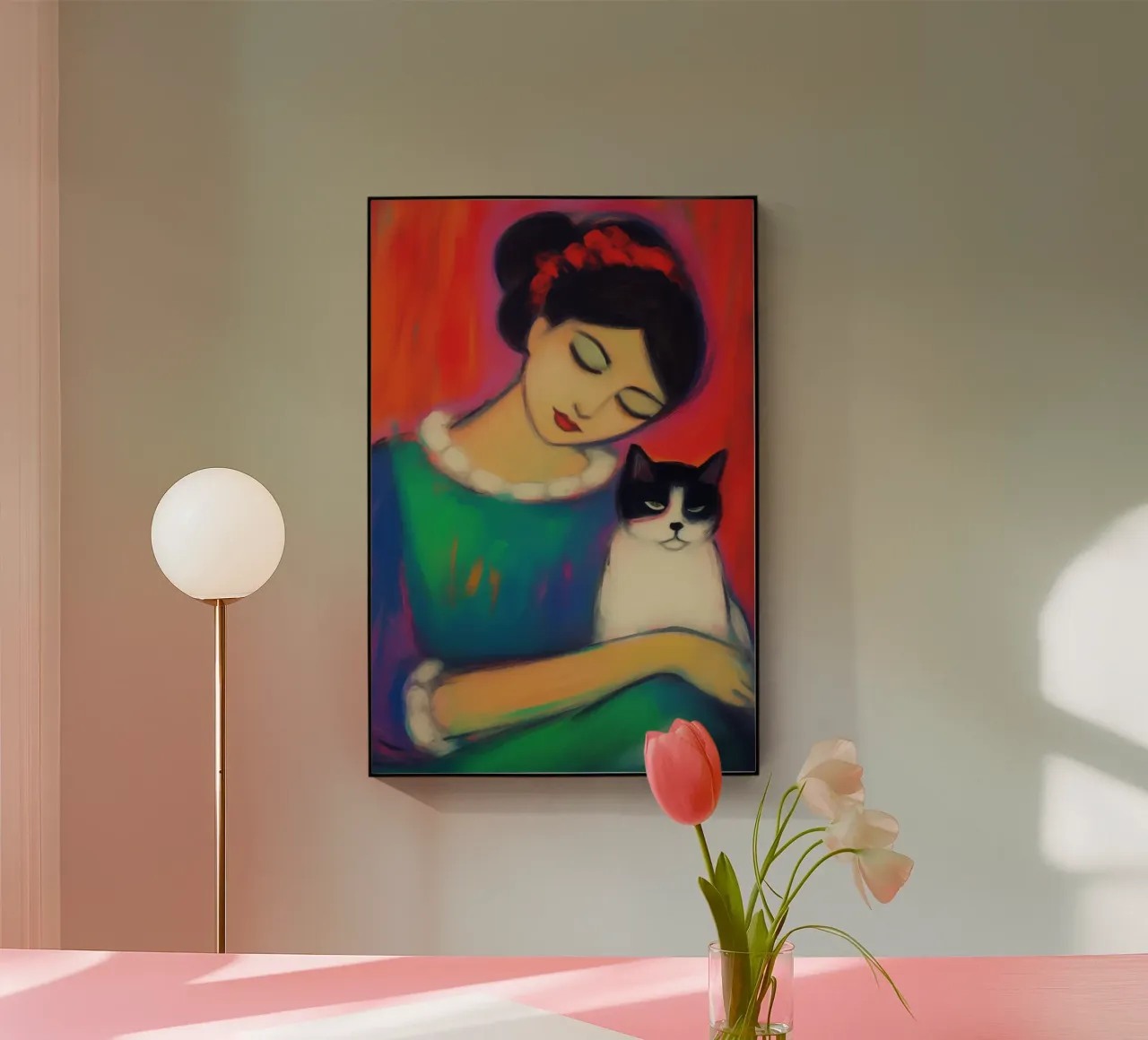 Donna colorata con gatto | pastello a olio plexiglass da Autofocus