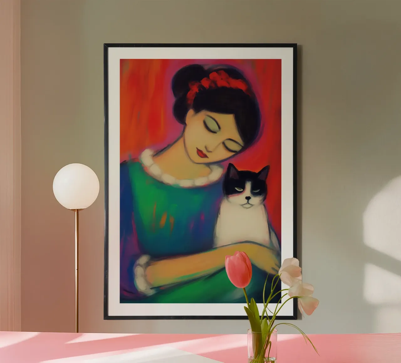 Donna colorata con gatto | pastello a olio carta hahnemühle da Autofocus