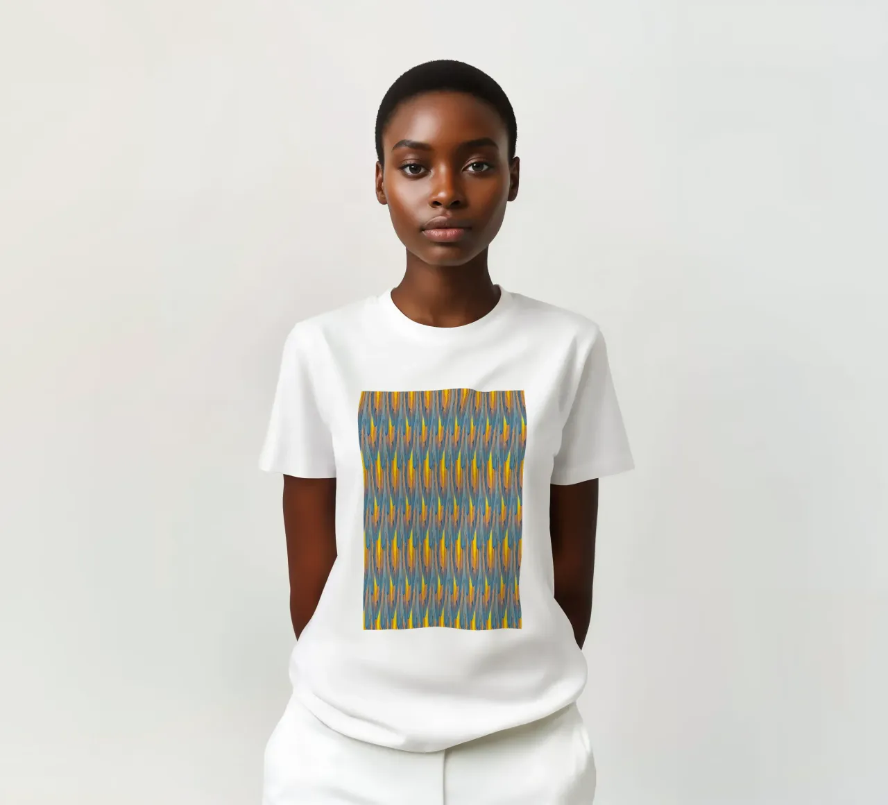 Feathered Harmony: Yellow & Blue Feathers t-shirt van Curious Collections by Marielle Leenders