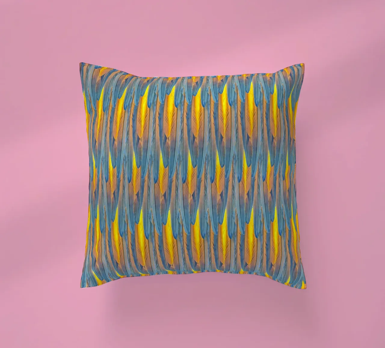 Feathered Harmony: Yellow & Blue Feathers decorative cushion by Curious Collections by Marielle Leenders