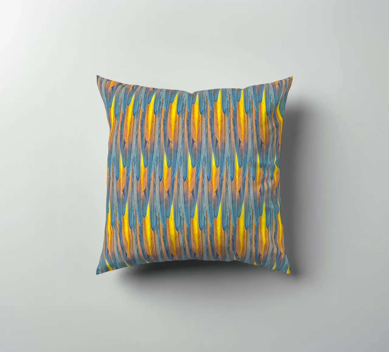Feathered Harmony: Yellow & Blue Feathers decorative cushion by Curious Collections by Marielle Leenders