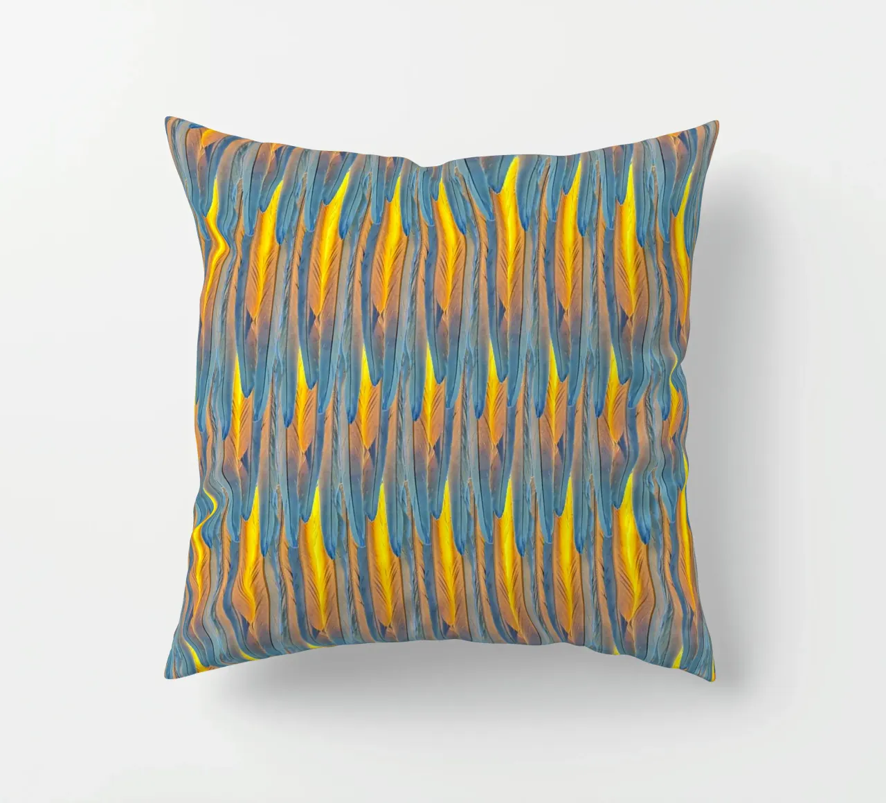 Feathered Harmony: Yellow & Blue Feathers decorative cushion by Curious Collections by Marielle Leenders