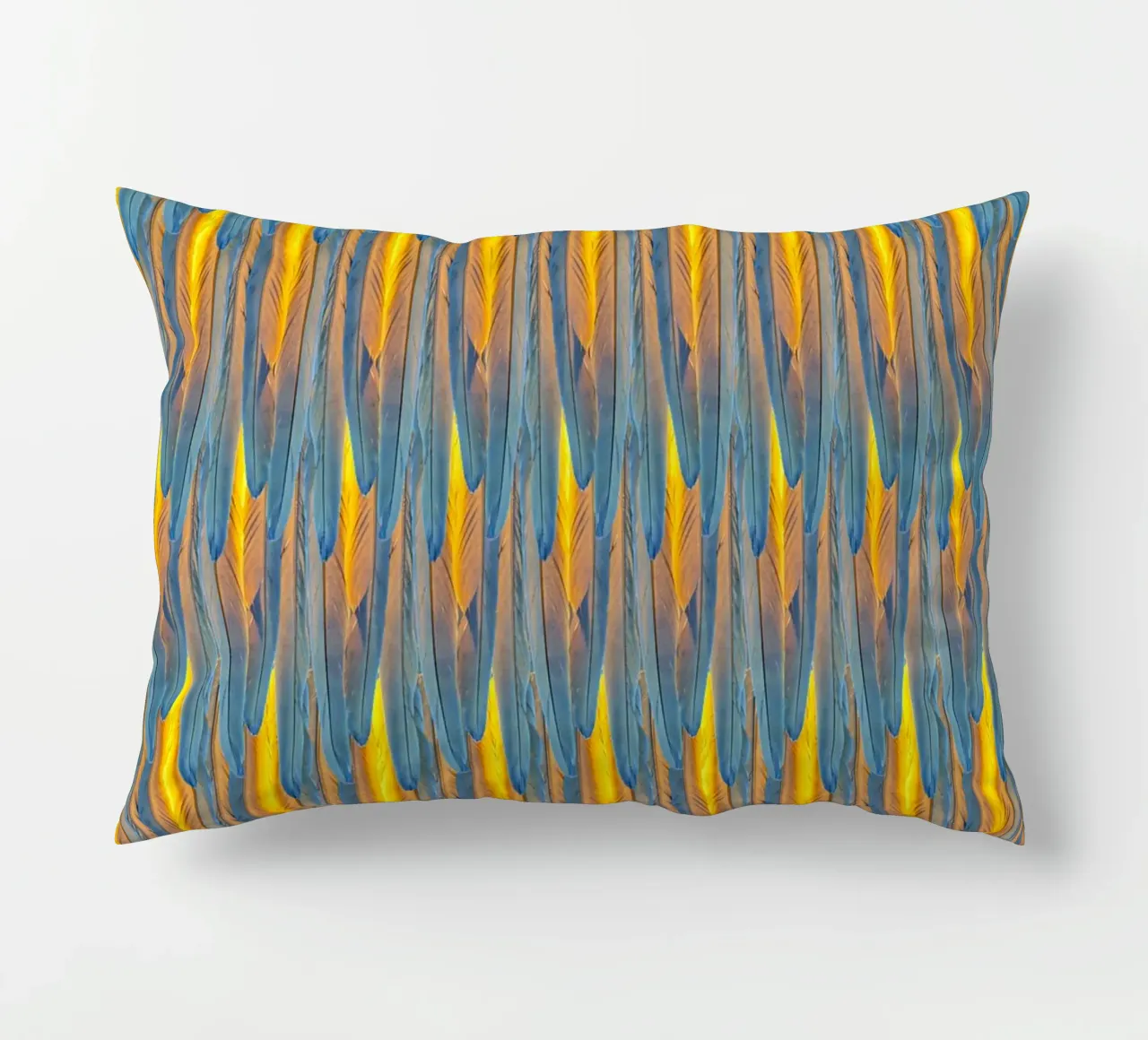 Feathered Harmony: Yellow & Blue Feathers decorative cushion by Curious Collections by Marielle Leenders