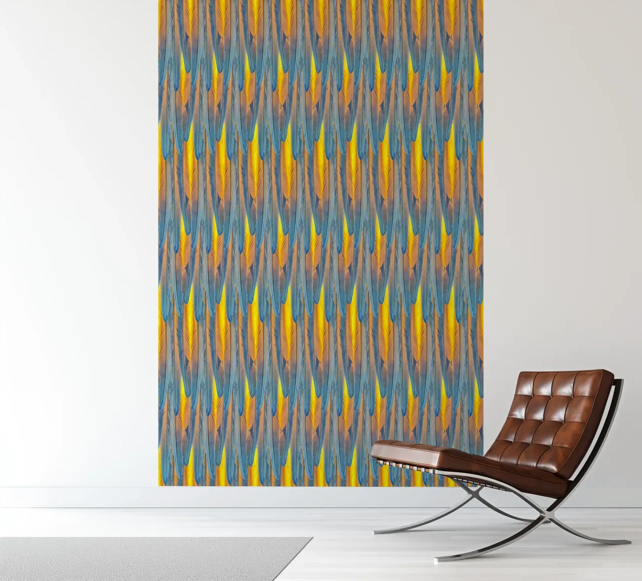 Feathered Harmony: Yellow & Blue Feathers photo wallpaper by Curious Collections by Marielle Leenders