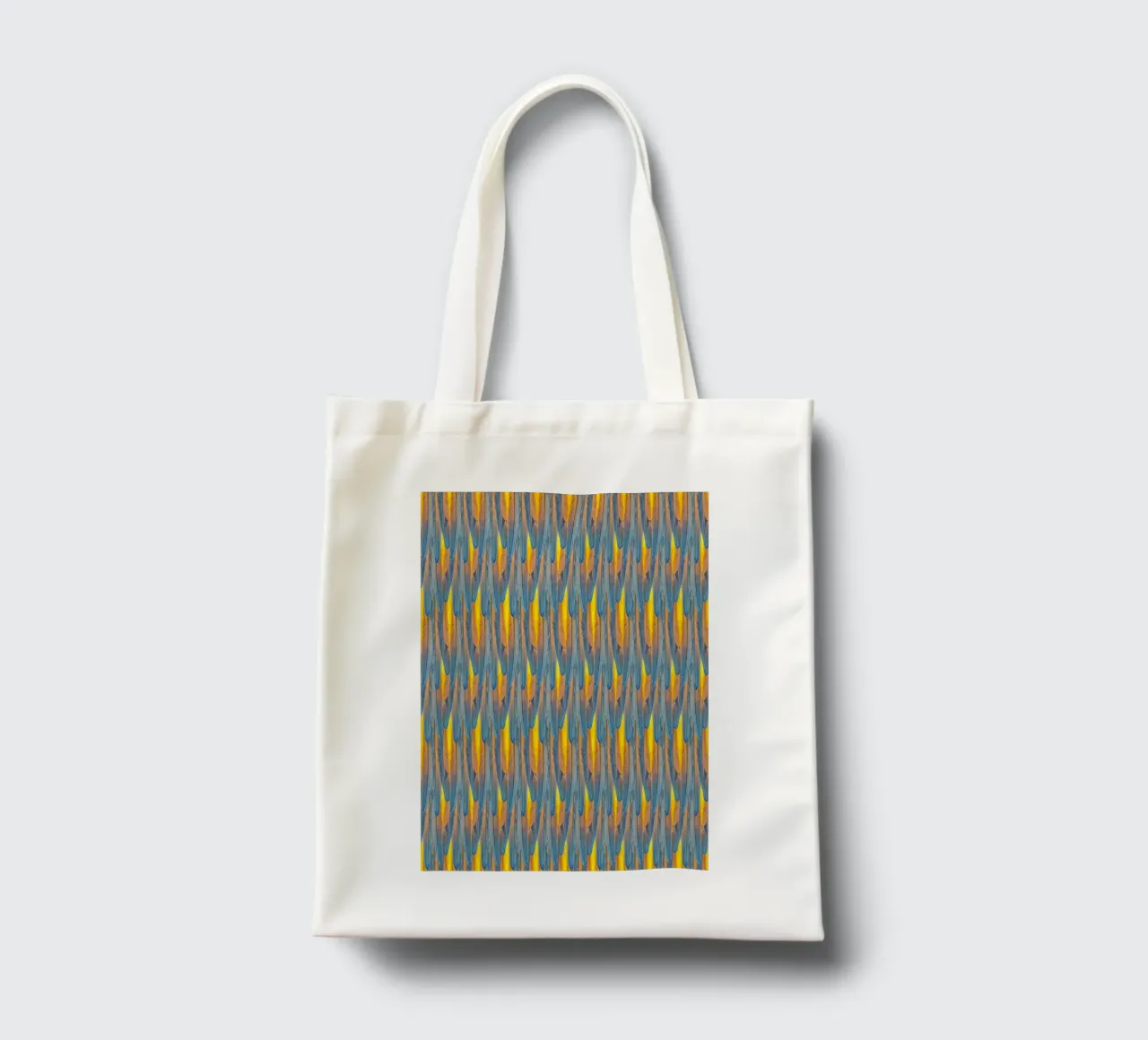 Feathered Harmony: Yellow & Blue Feathers jute draagtas van Curious Collections by Marielle Leenders