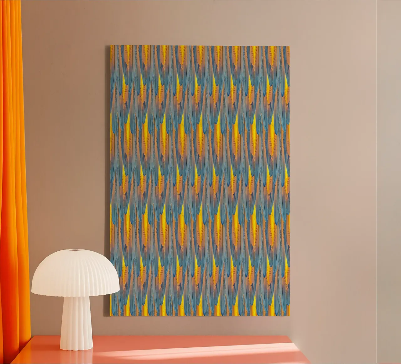 Feathered Harmony: Yellow & Blue Feathers canvas by Curious Collections by Marielle Leenders