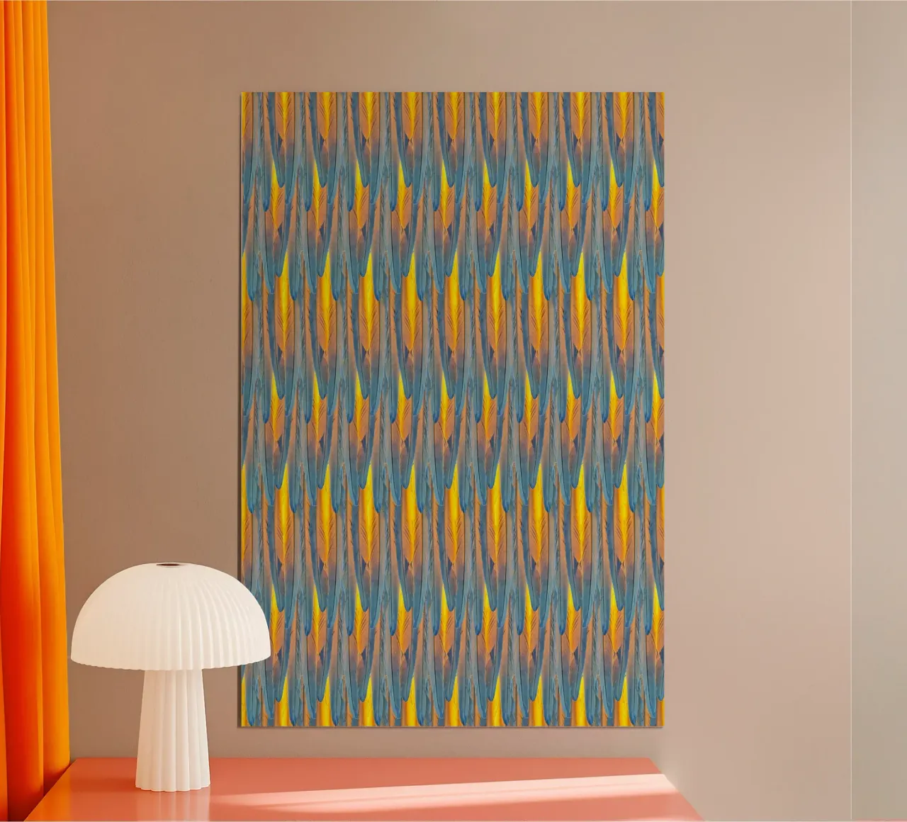 Feathered Harmony: Yellow & Blue Feathers poster con telaio in plastica da Curious Collections by Marielle Leenders